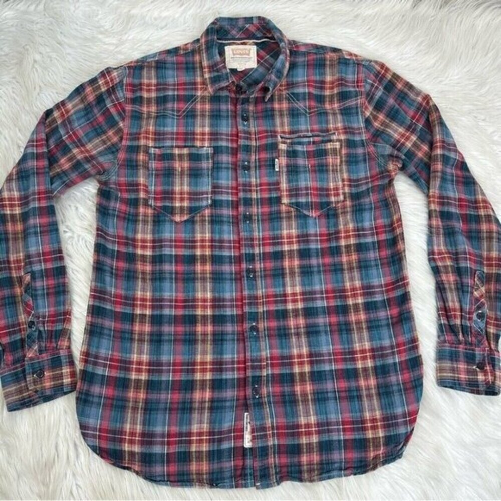 Levis Mens Western Flannel Shirt Plaid Long Sleeve Blue Red 100% Cotton 3LDLW196